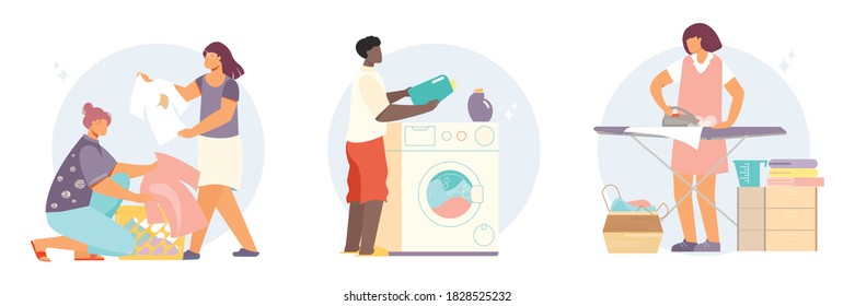 Laundry compositions with flat characters of people collecting and washing clothes with washing machine and iron vector illustration