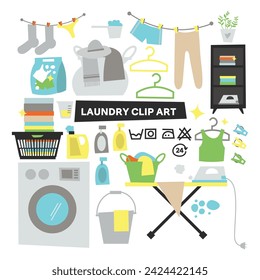 Laundry concept. Hand drawn set of vector illustration of washing machine, washing powder, laundry basket and etc. Doodle style