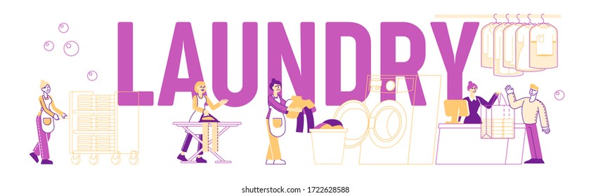 Laundry Concept Poster. Male and Female Characters Loading Dirty Clothes to Washing Machine in Public Launderette, People Ironing Clothes, Rolling Cart Poster Banner Flyer. Linear Vector Illustration