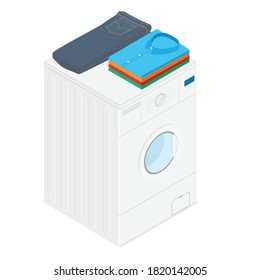 Laundry Concept Washing Machine With Stacked Men's Shirts Isometric View 