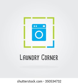 Laundry Corner Logo with washing machine, laundry business logo, Flat style vector illustration.