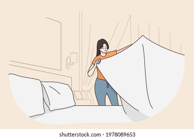 Laundry day and cleaning concept.Young smiling happy woman cartoon character standing holding clean white bedsheet in room vector illustration 