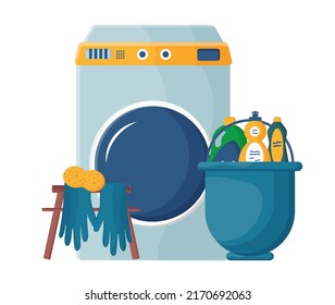 Laundry day at home. A set of vector illustrations with a washing machine, laundry and cleaning products, dirty clean linen. The concept of cleaning the apartment.