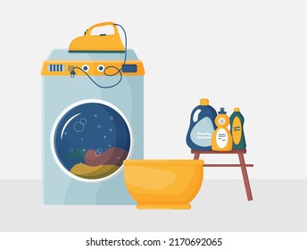 Laundry day at home. A set of vector illustrations with a washing machine, laundry and cleaning products, dirty clean linen. The concept of cleaning the apartment.