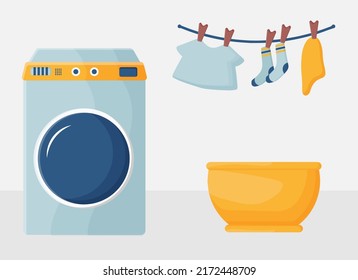 Laundry day at home. A set of vector illustrations with a washing machine, laundry and cleaning products, dirty clean linen. The concept of cleaning the apartment.