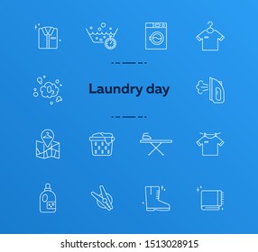 Laundry day line icon set. Clean clothes, washing, detergent. Household concept. Can be used for topics like hygiene, laundromat, service