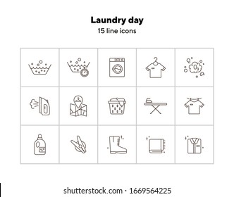 Laundry day line icon set. Clean clothes, washing, detergent. Household concept. Can be used for topics like hygiene, laundromat, service