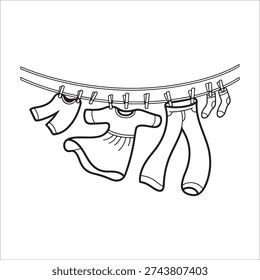 Laundry Day Lineup Clean clothes, a dress, jeans and socks gently swaying on a clothesline, air-drying in the breeze, symbolizing simplicity, home life, and everyday tasks.