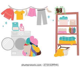 Laundry Day Scene with Washing Machine and Organized Shelves. A flat vector illustration depicting a laundry day scene with a washing machine, a large pile of dirty clothes, detergent bottles, and a clothesline with clean laundry drying

