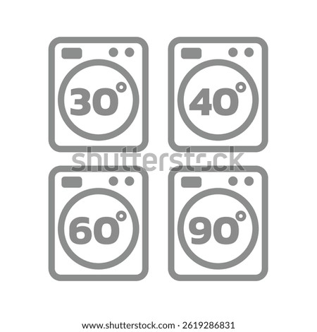 Laundry degree temperature for washing machine. Wash at 30, 40, 60 degrees, cold and warm water vector icons set.