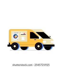 Laundry Delivery Van With Clothing Graphics In Flat Vector Illustration Symbolizing Laundry Services And Mobile Delivery, Isolated On White Background