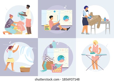 Laundry design concept with square compositions of dirty clothes in baskets washing machines and human characters vector illustration