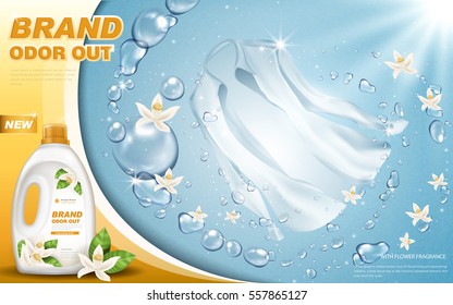 laundry detergent ad with aromatic flower elements, light blue background