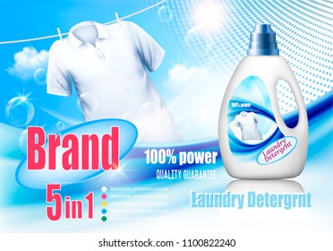 Laundry detergent ad. Design template. Plastic bottle  and white shirt on rope.  Vector