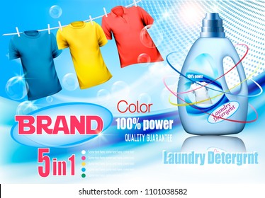 Laundry detergent ad. Plastic bottle  and colorful shirts on rope. Design template. Vector