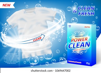 Laundry Detergent Ad Poster. Stain Remover Package Design For Advertising With Soap Bubbles. Washing Detergent Banner With Clean Shirt On Blue Background. Vector Illustration