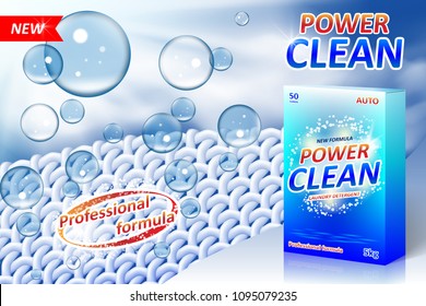 Laundry Detergent Ad Poster. Stain Remover Package Design For Advertising With Soap Bubbles And Closeup Fiber Structure. Washing Detergent Banner With Clean Shirt. Vector Illustration