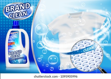 Laundry detergent ad poster. Stain remover package design for advertising with soap bubbles and closeup fiber structure. Washing detergent banner with clean shirt. Vector illustration