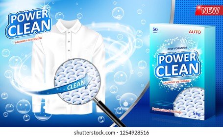 Laundry detergent ad. Stain remover package design for advertising with soap bubbles, closeup look at fiber structure. Washing detergent banner with clean shirt. Vector illustration