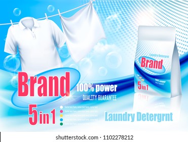 Laundry detergent ad. White clothes hanging on rope and plastic bag. Design template. Vector