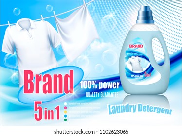 Laundry detergent ad. White clothes hanging on rope and plastic bag. Design template. Vector