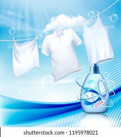 Laundry detergent ad. White clothes hanging on rope and plastic bottle. Design template. Vector