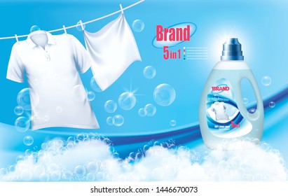 Laundry detergent ad. White clothes hanging on rope and soap foam bathe. Design template. Vector