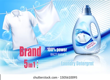 Laundry detergent ad. White clothes hanging on rope and plastic bag. Design template. Vector