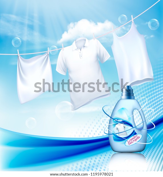 Laundry detergent ad. White\
clothes hanging on rope and plastic bottle. Design template.\
Vector