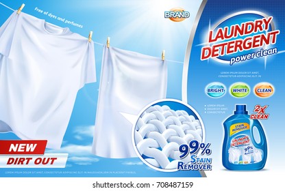 Laundry detergent ads, bright white clothes hanging out to dry with product package design in 3d illustration, closeup look at fiber structure