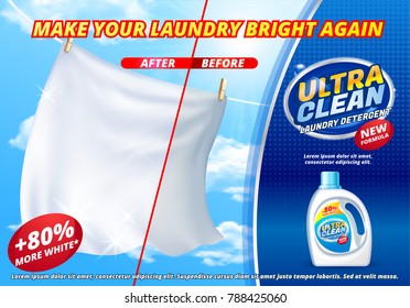 Laundry detergent ads, bright white clothes hang out to dry on blue sky background, product package realistic 3d Vector illustration. fragrance fabric softener gel white laundry detergent new formula