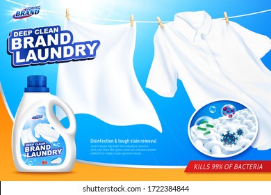 Laundry detergent ads with clean and white clothes hanging in sunlight, 3d illustration