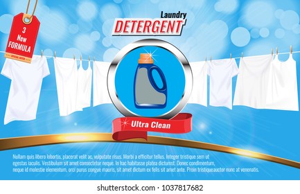 Laundry detergent ads template with package design, white clothes and nice bokeh.