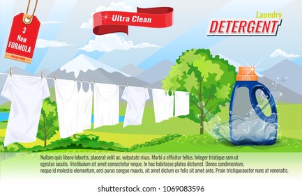 Laundry detergent ads template with package design with water splash effect, white clothes and nice bokeh. Vector design elements.