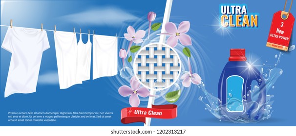 Laundry detergent advertisement template with water splash effect, white clothes and nice flowers. Vector Illustration.