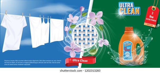 Laundry detergent advertisement template with water splash effect, white clothes and nice flowers. Vector Illustration.