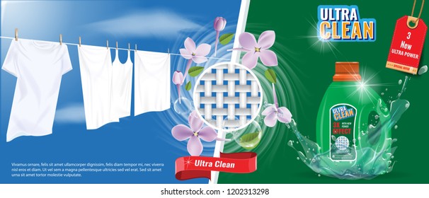 Laundry detergent advertisement template with water splash effect, white clothes and nice flowers. Vector Illustration.