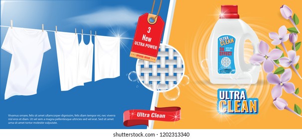Laundry detergent advertisement template with water splash effect, white clothes and nice flowers. Vector Illustration.