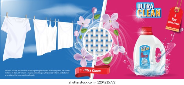 Laundry detergent advertisement template with water splash effect, white clothes and nice flowers. Vector Illustration.