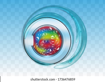 Laundry detergent advertising. Washing machine drum with soap bubbles and colored fabrics, water splash. 3d realistic vector illustration on transparent background.