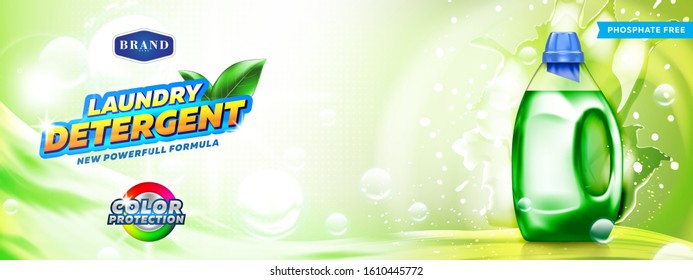 Laundry detergent banner. Blank bottle filled by phosphate free detergent with water splash and bubbles on bright green background ready for branding and ads design.