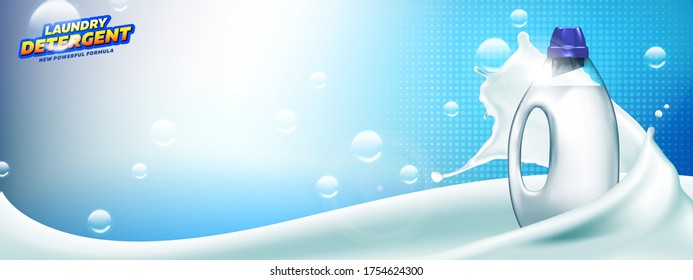 Laundry detergent banner. Blank bottle filled by detergent with liquid soap splash and bubbles on bright blue background ready for branding and ads design.