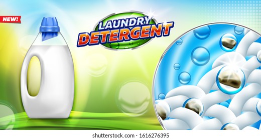 Laundry detergent  banner show removal of dirt from the fabric. Blank bottle filled by washing gel, on bright green background ready for branding and ads design. 