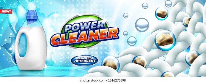 Laundry detergent  banner show removal of dirt from the fabric. Blank bottle filled by washing gel, on bright blue background ready for branding and ads design. 