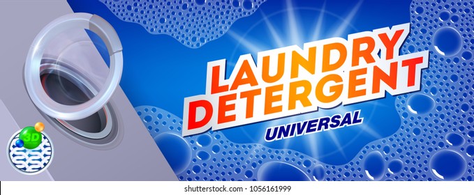 Laundry detergent banner for universal wash, package design for Washing Powder & Liquid Detergents ads on soap background. Vector illustration. Cleaning service