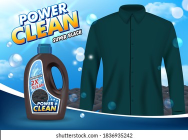 Detergente de lavandería para anuncio de tela negra. Camisa de color realista, botella de plástico negro con etiqueta, estructura de fibra, burbujas de jabón, ilustración vectorial. Publicidad de detergente de lavandería líquida.