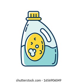 Laundry detergent blue and yellow RGB color icon. Cleaning product package, liquid whitener, linen bleach bottle. Chemical substance, clothes cleanser, stain remover. Isolated vector illustration