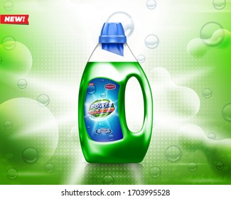 Laundry detergent bottle on shiny green background. Best for production, packaging and advertising design uses.