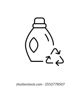 Laundry detergent bottle and recycling arrows. Sustainable cleaning products, recyclable packaging. Pixel perfect vector icon