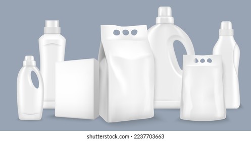 Laundry detergent bottles and container vector set. Plastic pack for chemicals, bleach and liquid soap 3d mockup. Blank cleaner canister template illustration